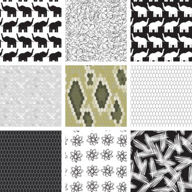 large set of seamless pattern with elephants.  Snake skin texture Seamless pattern python. pattern of triangles, gray background. Vector clipart