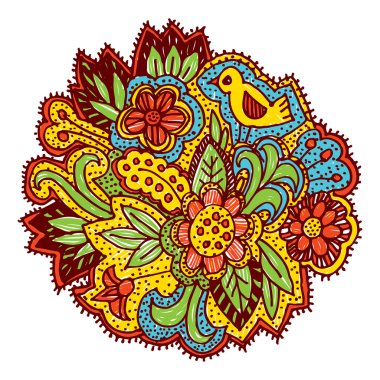 Doodle with flowers and birds. Brown, yellow, blue, green, bright ornament. Vector 