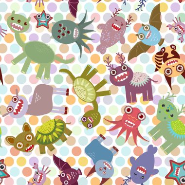 Polka dot background, seamless pattern. Funny cute dinosaur monsters. Vector