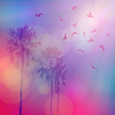 Silhouette of palm trees and birds, sky pink background, sunset, dawn. Vector