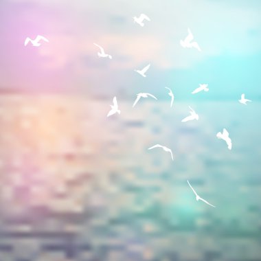 Silhouette birds, sky and sea blue background. Vector