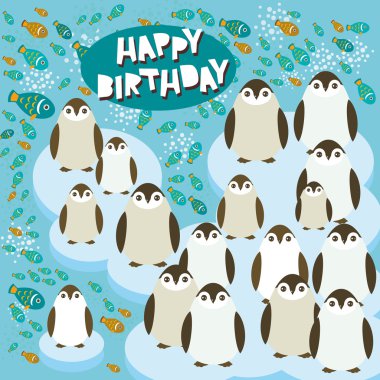 Happy birthday card funny penguins on an ice floe. Vector