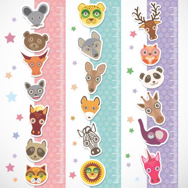 Children height meter wall Sticker set. funny animals muzzle stiker with stars pink lilac blue stripes. Vector