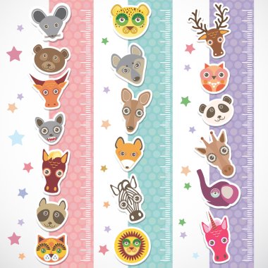 Children height meter wall Sticker set. funny animals muzzle stiker with stars pink lilac blue stripes. Vector clipart