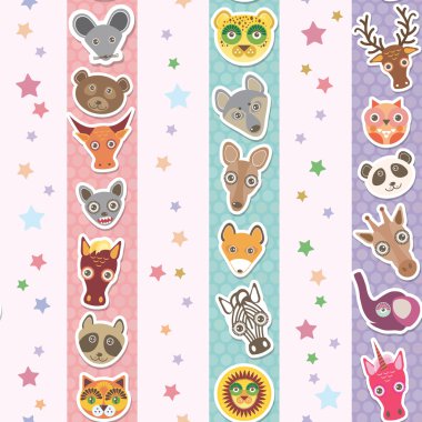 Set of funny animals muzzle seamless pattern with stars, pink lilac blue stripes. Vector