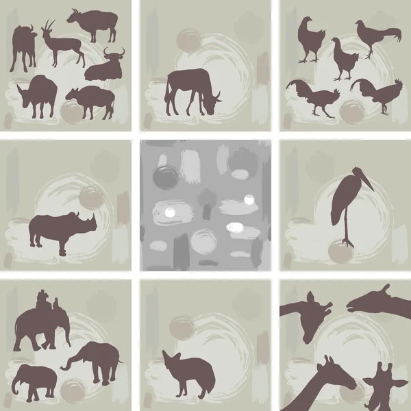 Large set ofAfrican animals and abstract seamless pattern. Silhouette. Vector — Stock Vector