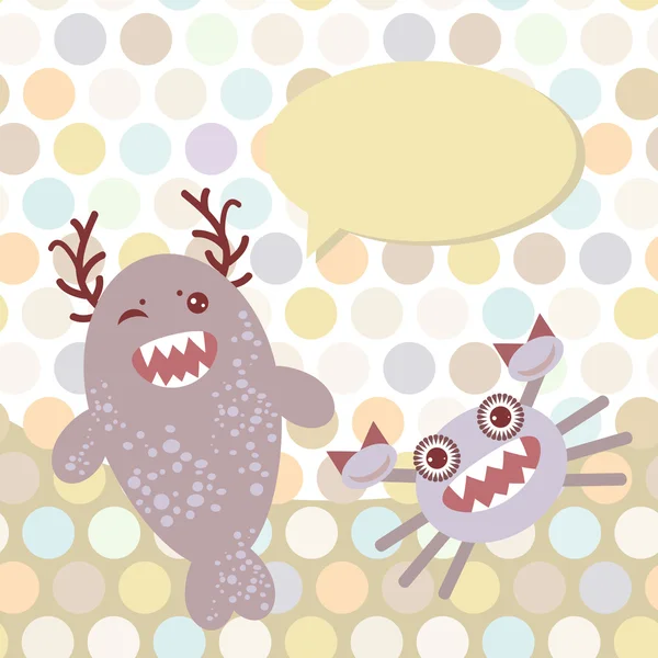 Polka dot background, pattern. Funny cute monsters on dot background. Vector — Stok Vektör