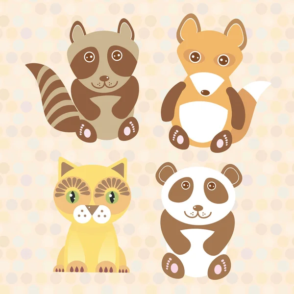 Funny cute raccoon, panda, fox, cat on dot background. Vector — Stok Vektör