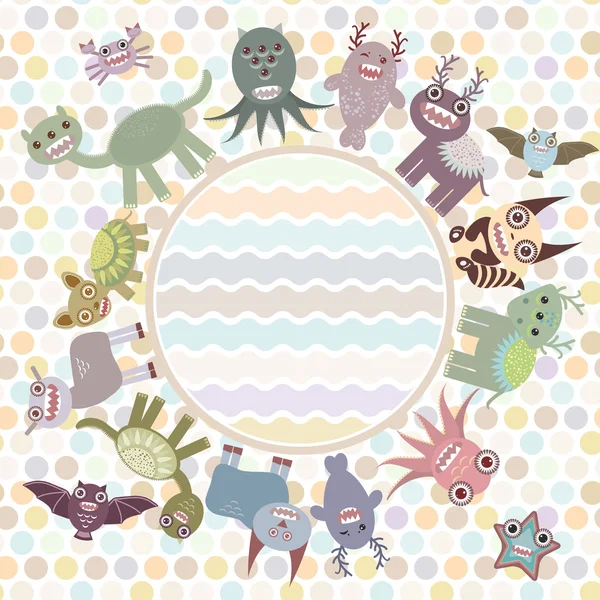 Polka dot background, card for your text in circle. Funny cute dinosaur monsters on dot background. Vector — Stok Vektör