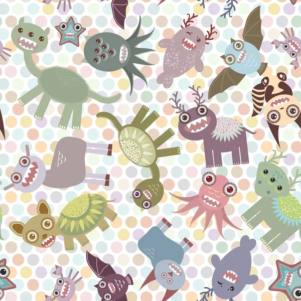 Polka dot background, seamless pattern. Funny cute dinosaur monsters. Vector — Stock Vector