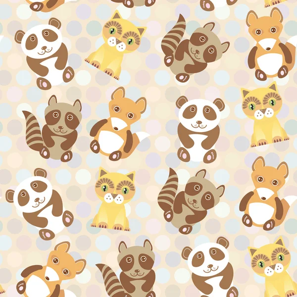 Polka dot background, pattern. Funny cute raccoon, panda, fox, cat on dot background. Vector — ストックベクタ