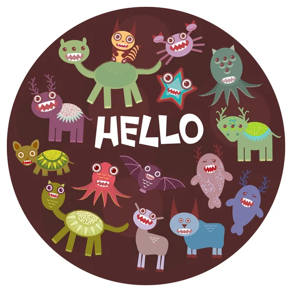 Funny monsters party card design on  dark background in the circle. Vector — Stock Vector