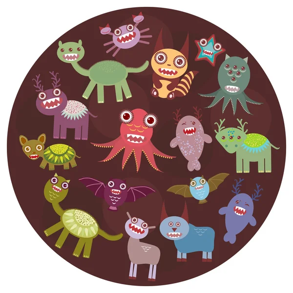 Funny monsters card design. Funny monsters set Big collection on  dark background in the circle. Vector — Stockvector