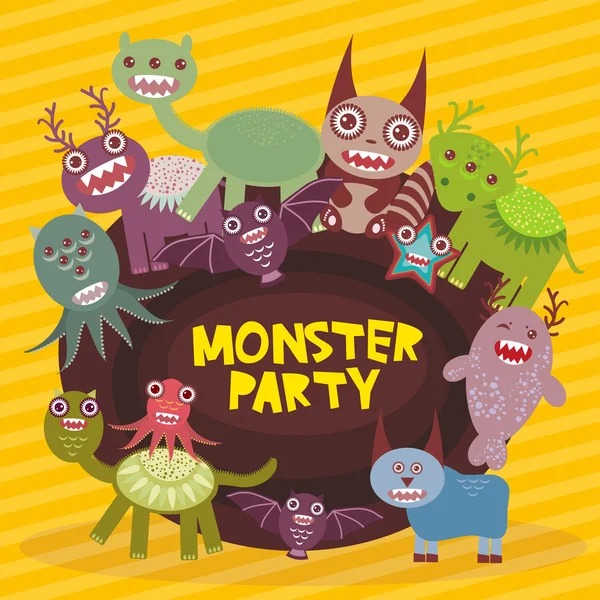 Funny monsters party card design on yellow striped background. Vector — Stock Vector