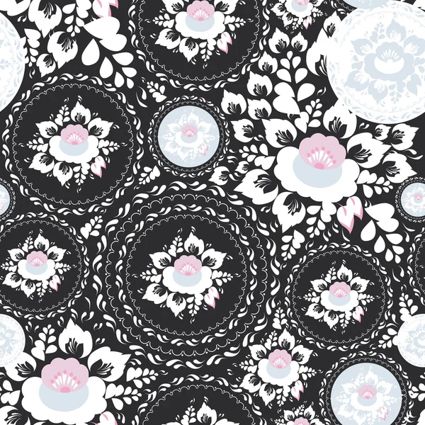 Vintage shabby Chic Ornement sans couture, motif avec des fleurs roses et blanches et des feuilles sur fond noir. Vecteur — Image vectorielle