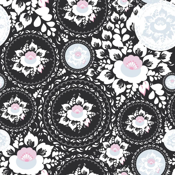 Vintage shabby Chic Seamless ornament, pattern with Pink and white flowers and leaves on black background. Vector — Stockový vektor