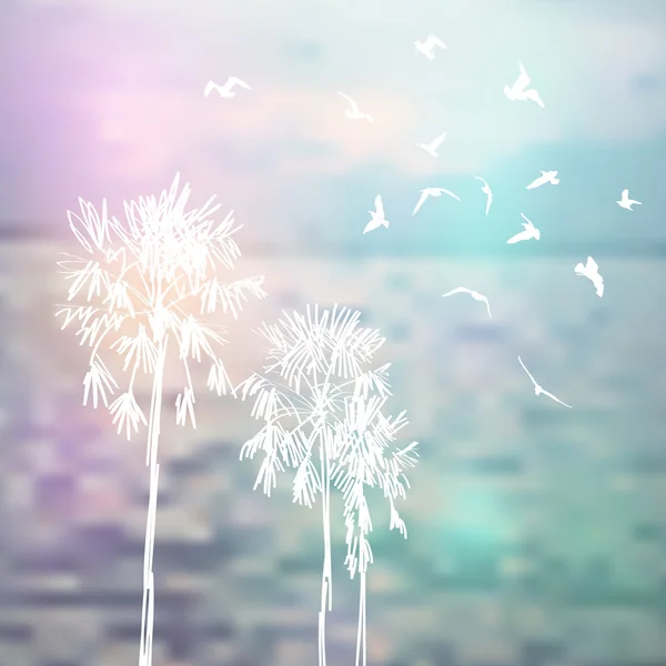 Silhouette of palm trees and birds, sky and sea blue background. Vector — Stok Vektör