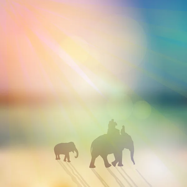 Elefante con mahout y pequeña silueta de elefante en el cielo soleado y el fondo de la playa. Vector — Archivo Imágenes Vectoriales