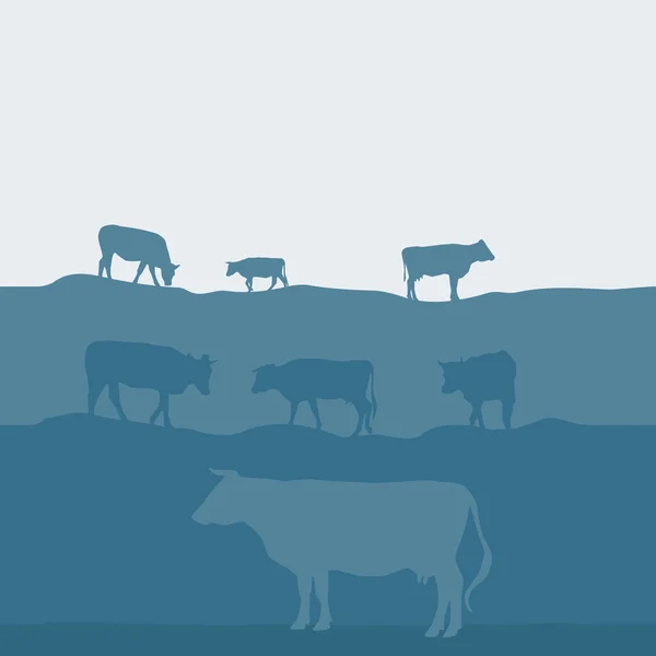 Cows silhouette graze in the field, landscape, sky, grass, pasture. Blue, gray background. Vector — Stok Vektör