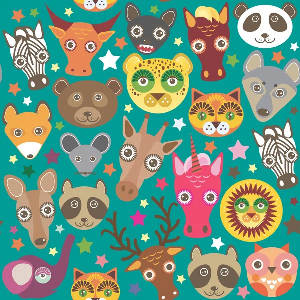 Set of funny animals muzzle seamless pattern. Teal background with stars. Vector — Stock Vector