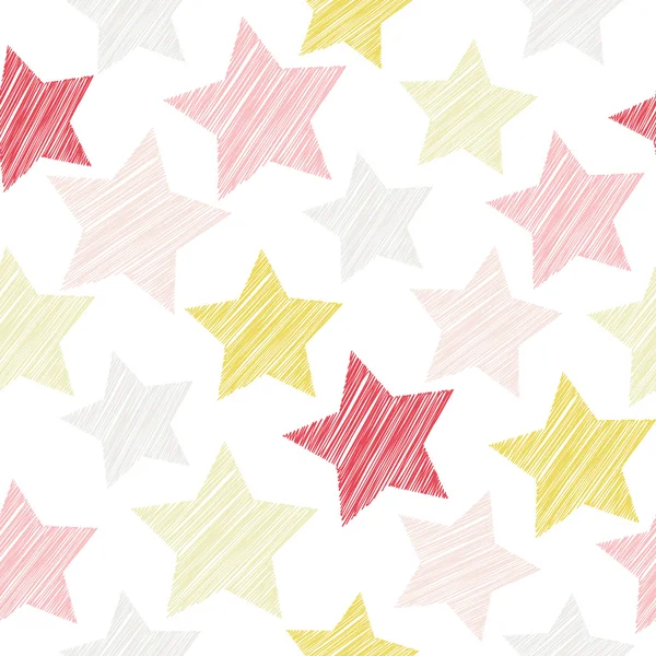 Sketch seamless pattern with stars. Red, pink stars on white background. Vector — Stock Vector