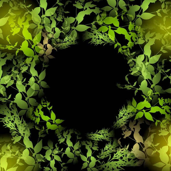Glare, green leaves on a black background. Round banner for text. Vector — Wektor stockowy