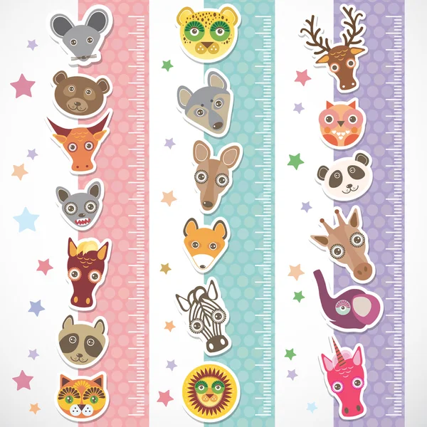 Niños altura metro pared etiqueta engomada conjunto. animales divertidos bozal stiker con estrellas de rayas azules lila rosa. Vector — Vector de stock