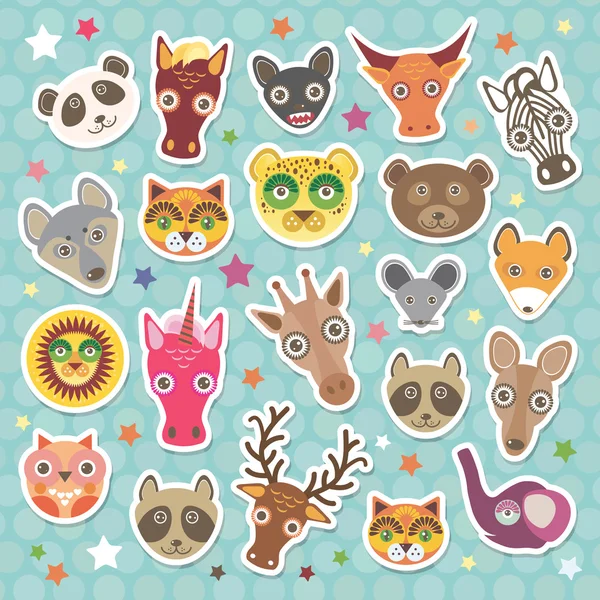 Sticker set of funny animals muzzle. Teal background with stars, Polka dot. Vector — Stock vektor