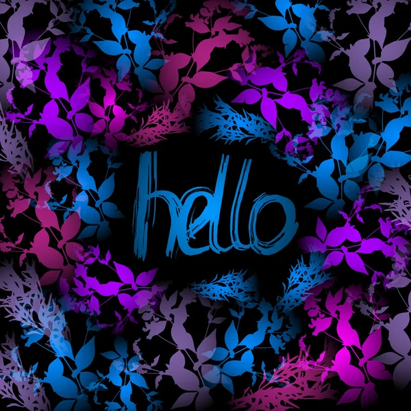 Hello Neon светлые, синие, розовые листья на черном фоне. Вектор — стоковый вектор