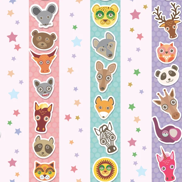 Set of funny animals muzzle seamless pattern with stars, pink lilac blue stripes. Vector — ストックベクタ