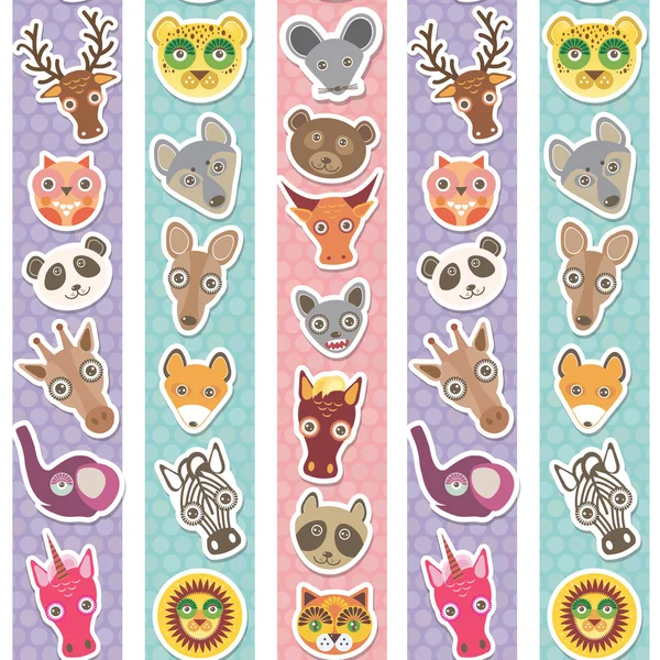 Set of funny animals muzzle seamless pattern with pink lilac blue stripes. Vector — Stockvector