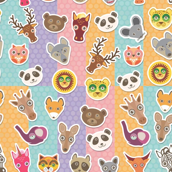 Set of funny animals muzzle seamless pattern. background with Polka dot. Vector — Stok Vektör