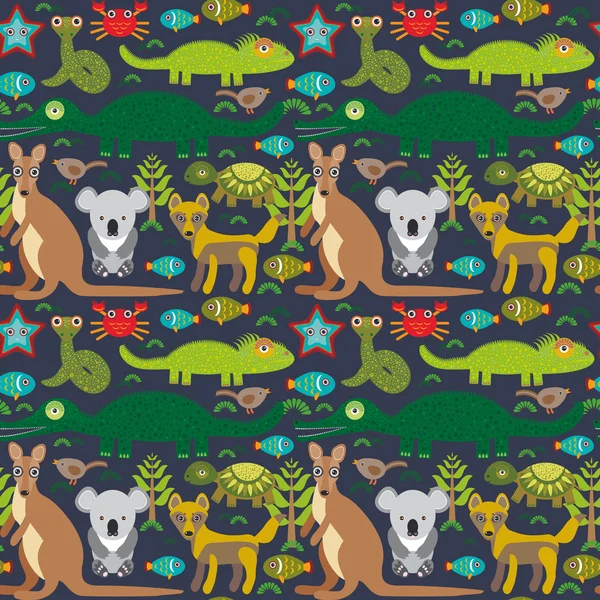 Animals Australia snake, turtle, crocodile, alliagtor, kangaroo, dingo. Seamless pattern on  dark background. Vector — Stockový vektor