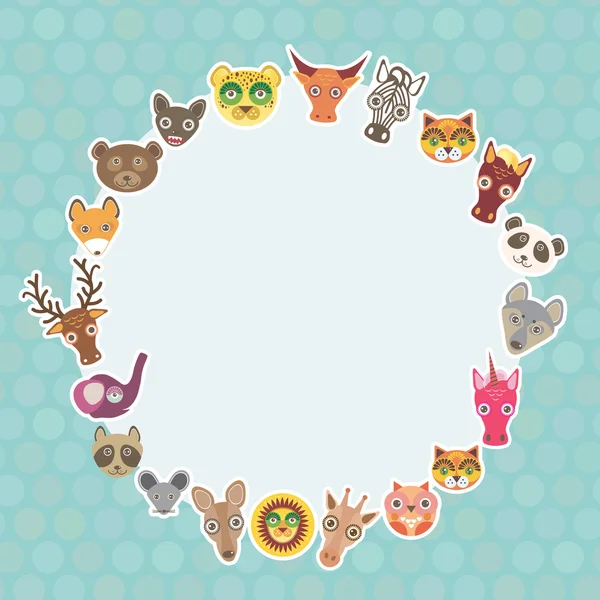Funny Animals card template. White circle on light blue Polka dot background. Vector — ストックベクタ