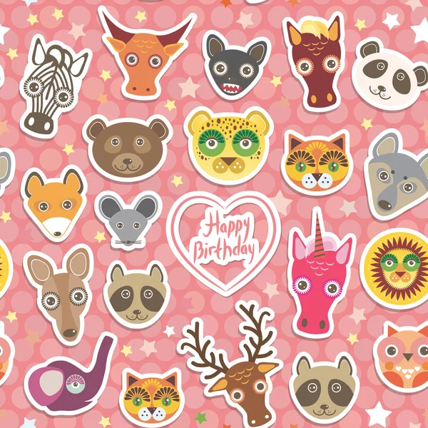 Seamless pattern Funny Animals White heart on pink Polka dot background. Happy birthday. Vector — ストックベクタ