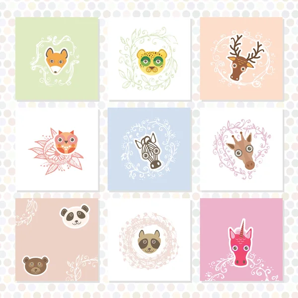 Juego de tarjetas de felicitación. Animales graciosos. Círculo bordes florales. Marcos de bocetos, dibujados a mano. Vector — Vector de stock