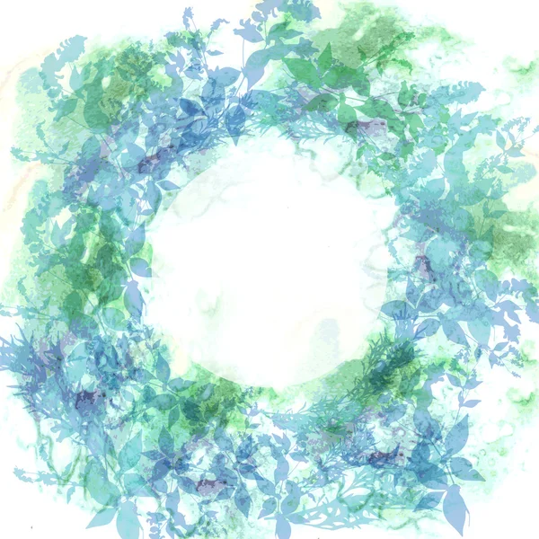 Spring background, wreath with mint green leaves, watercolor. Round banner for text. Vector — Stock vektor