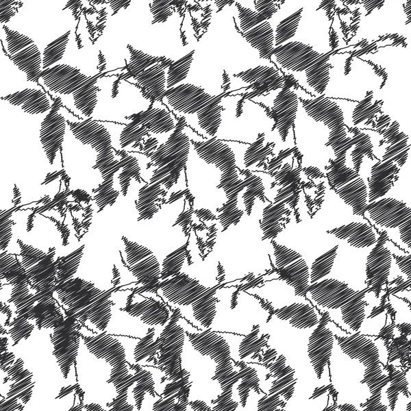 Stickerei, schwarze Blätter auf weißem Hintergrund. Vektor — Stockvektor