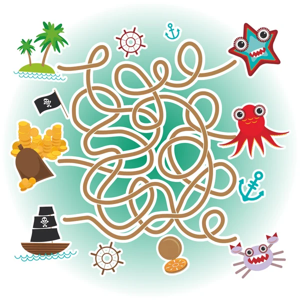 Animais marinhos, barcos piratas. objetos do mar coleção labirinto jogo para crianças pré-escolares. Vetor — Vetor de Stock