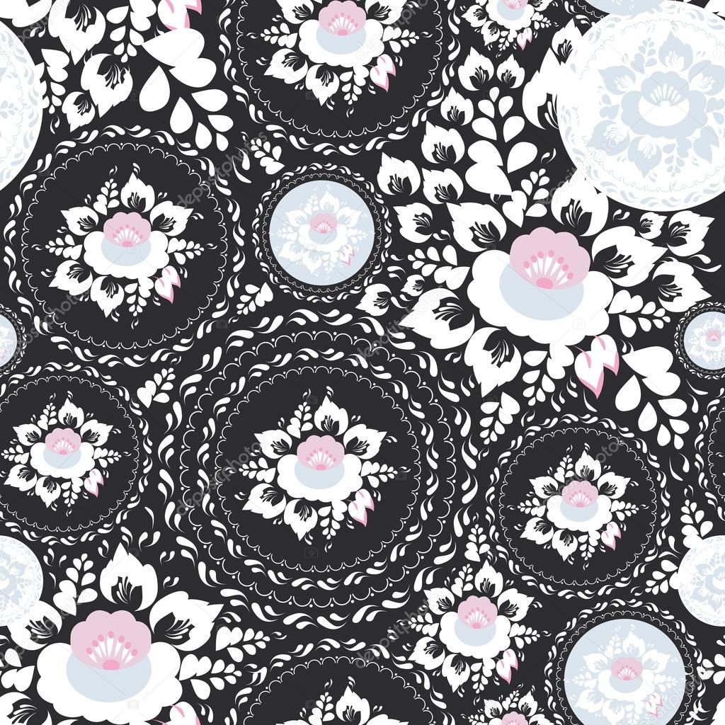 Vintage shabby Chic Seamless ornament, pattern with Pink and white flowers and leaves on black background. Vector 