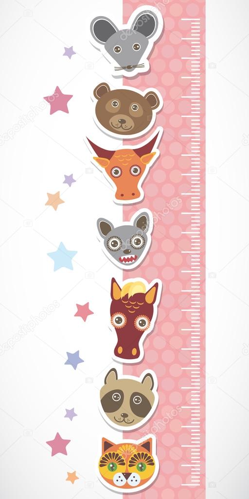 Children height meter wall sticker. Set of funny animals muzzle pink stiker with stars. Vector