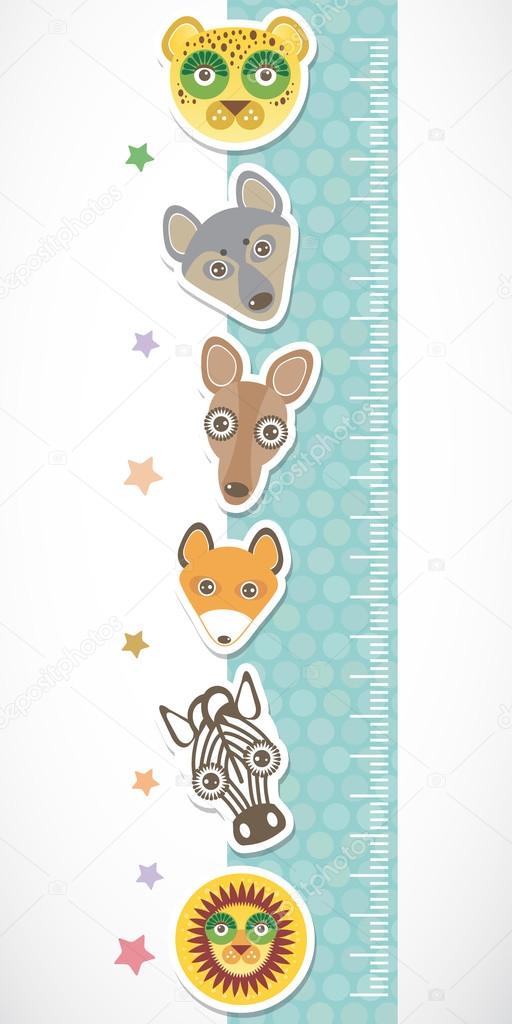 Children height meter wall sticker. Set of funny animals muzzle blue stiker with stars. Vector