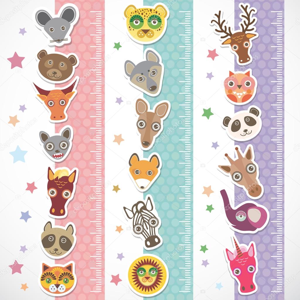 Children height meter wall Sticker set. funny animals muzzle stiker with stars pink lilac blue stripes. Vector