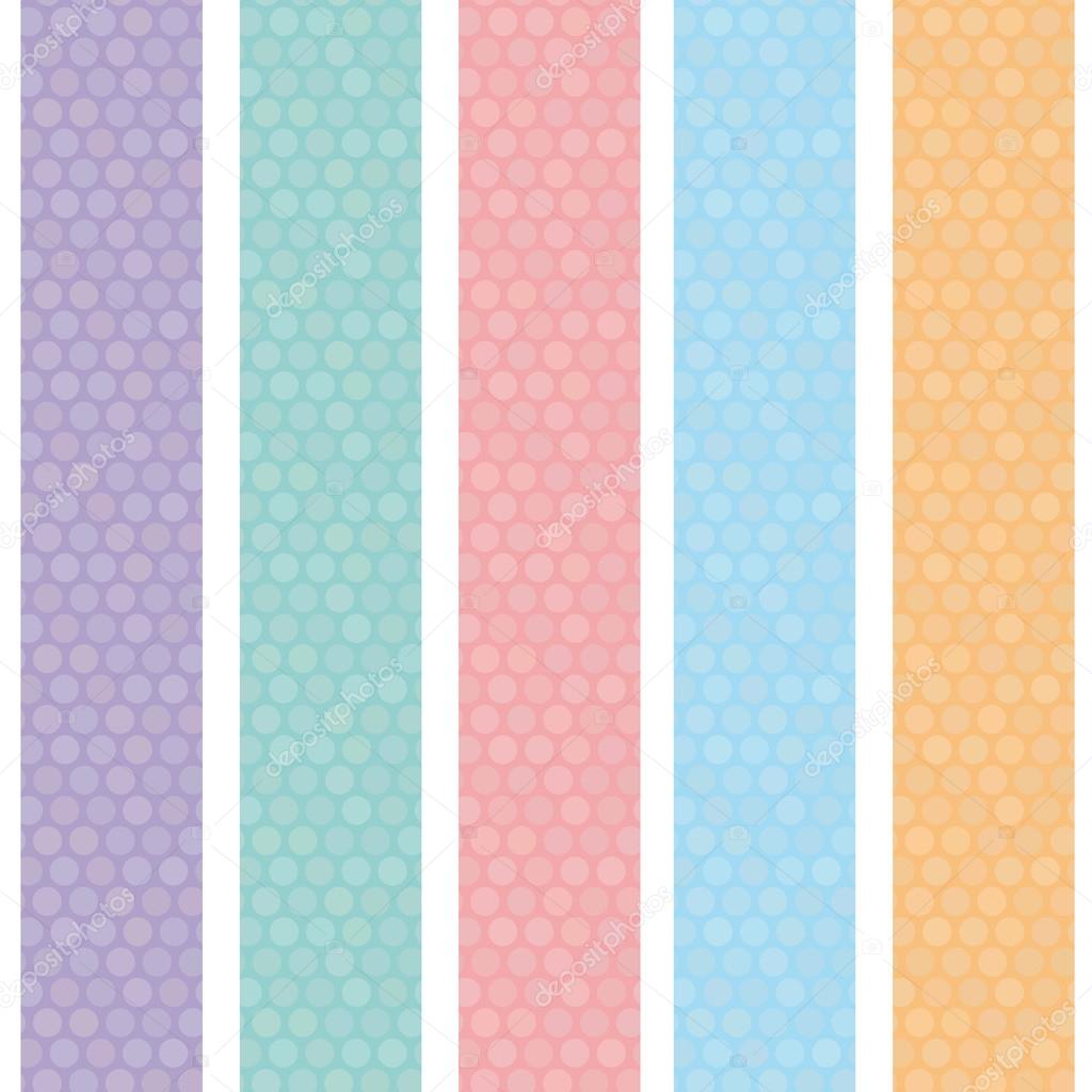 Polka dot background seamless pattern with orange pink lilac blue stripes. Vector