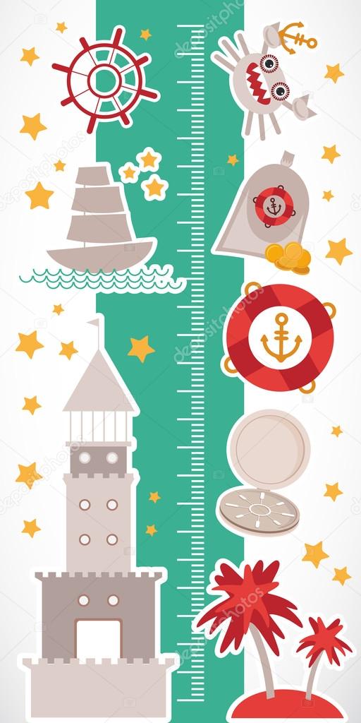 Vintage nautical. sea animals, boats, lighthouse. cute objects collection. Children height meter wall Sticker Vector