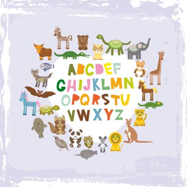 alphabet for kids from A to Z. Set of funny cartoon animals character. zoo on blue grunge background. Vector clipart