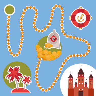 pirate treasure, island, castle. game for Preschool Children. Vector