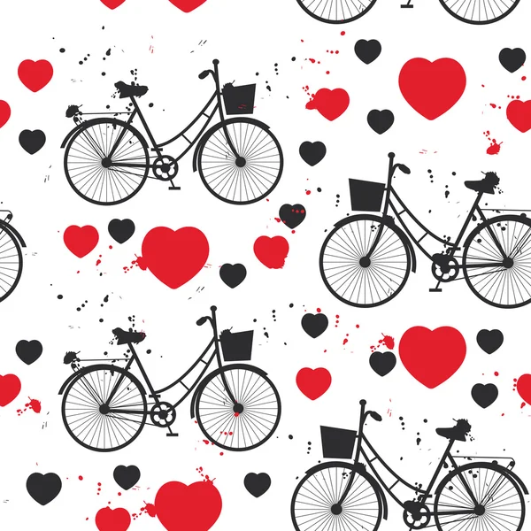 Motif sans couture vélo noir et coeur rouge sur fond blanc. Vecteur — Image vectorielle