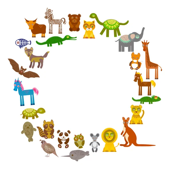 Coleção Desenhos animados engraçados Modelo de cartão de animais. círculo no fundo branco, modelo para o seu projeto. Vetor —  Vetores de Stock