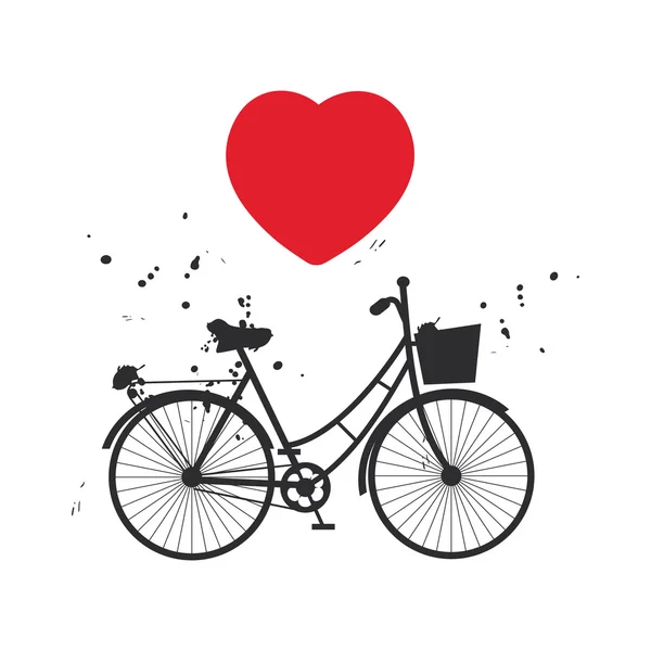 Bicycle silhouette and red heart on white background. Vector — Stock Vector